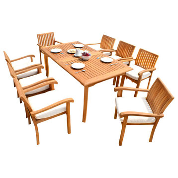 9-Piece Outdoor Teak Dining Set, 94" Rectangle Table, 8 Nain Stacking Chairs