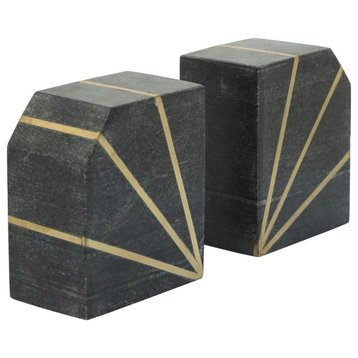 Set of 2Marble 5"H Polished Bookends With Gold Inlays, Black