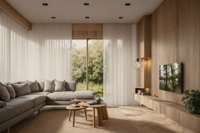 Photo of a scandinavian grey and brown open plan living room feature wall in London with white walls, plywood flooring, beige floors and panelled walls.