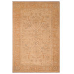 Bareens Designer Rugs - Bohemien Ziegler Cecily Tan Gold Hand-Knotted Wool Rug - 6'2'' x 9'5'' - Enhance the ambiance of your home with this magnificent Persian-influenced Turkish hand-knotted rug made by skilled artisans capable of creating the most exceptional vegetable dyes and hand-spun wool. This exquisite handmade rug is a one-of-a-kind Peshawar Kafkaz, otherwise identified as Chobi, Chobi Peshawar, Oushak, or Ziegler rug. These handmade rugs are crafted in Pakistan utilizing superior-quality wool imported from Australia, New Zealand, and Korea in two types of weaves: the Persian weave and the Mori weave. This rug is meticulously crafted by hand using the finest natural vegetable dyes extracted from local plants. The artisans use a blend of hand-spun local and fine merino wool, resulting in a rug with a compelling texture, higher lanolin content, and longer staple. The artisans occasionally incorporate natural or artificial silk into the pile to enhance specific motifs. The finished product is an awe-inspiring execution of flawless design and an understated palette that exudes elegance.