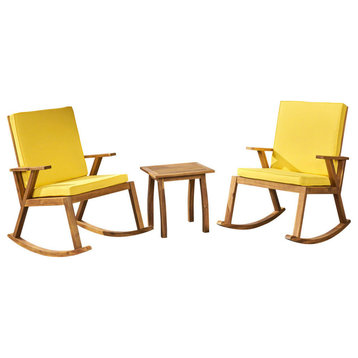 GDF Studio Alize Outdoor Acacia Wood Rocking Chair Chat Set, Teak/Yellow Cushion