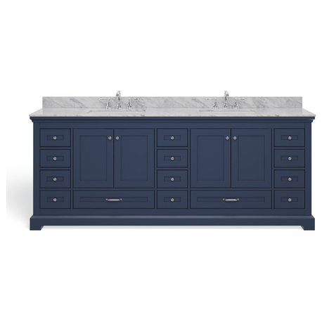 Dukes Bath Vanity, Navy Blue, 84" Double Sink, Marble Top, Vanity, Top, & Sink
