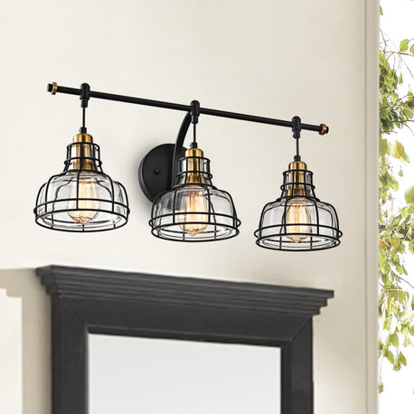 3-Light Black and Antique Gold Vanity With Clear Glass Shades