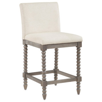 Abbott 26" Spindle Counter Stool With Brushed Gray Frame and Linen Fabric, Linen/Brushed Gray