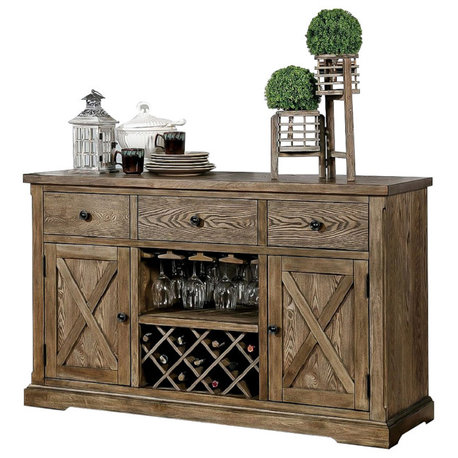 Light Oak Server With Hanging Stemware Rack