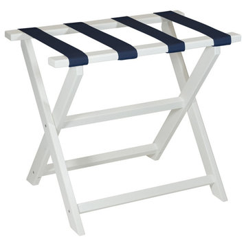 HomeRoots Earth Friendly White Folding Luggage Rack With Navy Straps