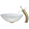 Kraus Crystal Clear Glass Vessel Sink and Waterfall Faucet Gold