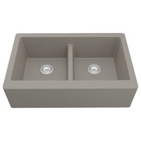 Karran Farmhouse Apron Front Quartz 34" Double Bowl Kitchen Sink, Concrete