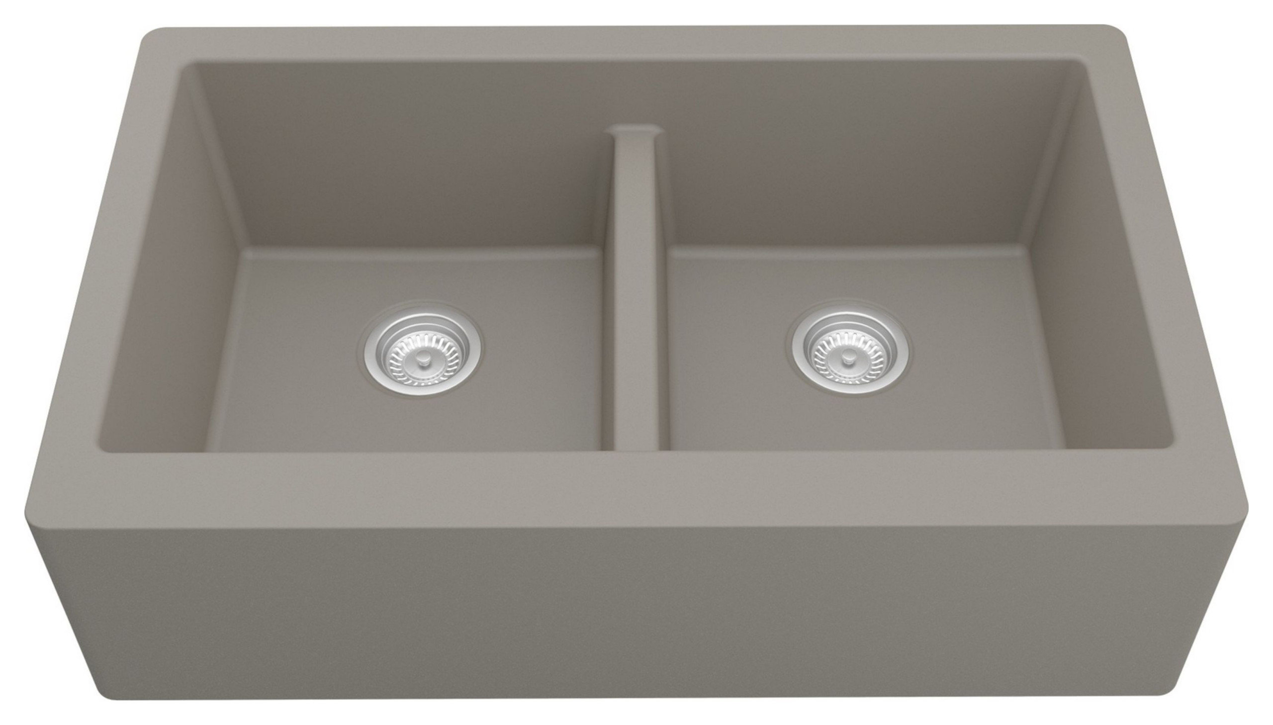 Karran Farmhouse Apron Front Quartz 34" Double Bowl Kitchen Sink, Concrete