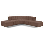Meridian Furniture - Arc Vegan Leather Upholstered 6-Pc. L-Shaped Modular Sectional, Brown - Unleash modern opulence with the Arc Vegan Leather 6pc. Sectional. Crafted for the modern connoisseur, this Sectional injects an air of refined luxury into any space. Its sleek silhouette, upholstered in supple brown vegan leather, exudes timeless sophistication while the deep channel tufting adds textural intrigue, further elevating the chair's visual appeal. The modular design makes it a versatile chameleon, effortlessly adapting to your evolving needs and preferences. Whether you envision it gracing a chic living room corner, basking in the glow of a bedroom window, or adding a touch of drama to a home office, the Arc seamlessly complements your unique interior aesthetic.