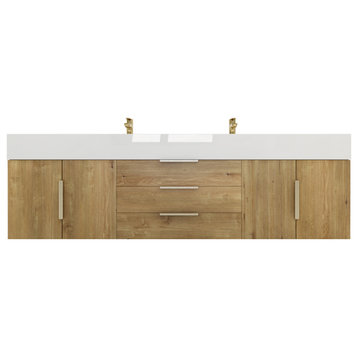 Madison 72" Wall Mounted Double Sink Vanity With Reinforced Acrylic Sink, Oak