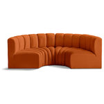 Meridian Furniture - Arc Velvet Upholstered 4-Pc. Inward Curved Modular Sectional, Cognac - Give your living room or den the perfect blend of style and versatility with this Arc velvet fabric curved modular Sectional. Part of the Arc modular furniture collection, this Sectional comes upholstered in rich cognac velvet fabric and features deep channel tufting that adds a touch of luxury while enhancing comfort and support. A seamless combination of form and function, this chair can be used with other Arc pieces to create a myriad of configurations in your well-curated room.