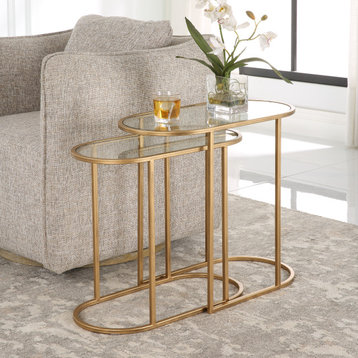 Contemporary 24" x 22" Iron Glass Antique Brushed Gold Nesting Tables