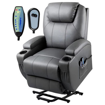 Modern Recliner, Cupholders & Massage Function With Remote Control, Silver