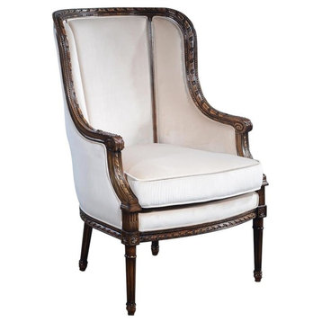 Bergere Chair Louis XVI French Hand-Carved Antiqued Wood Beige Velvet