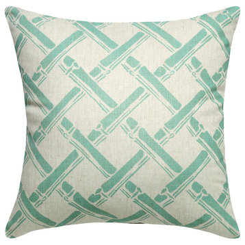 Bamboo Trellis Printed Linen Pillow With Feather-Down Insert, Aqua