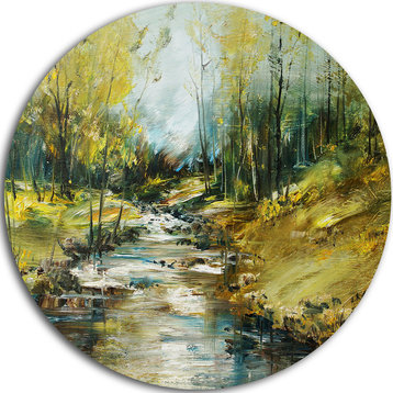 Creek In The Forest Oil, Landscape Disc Metal Artwork, 11"