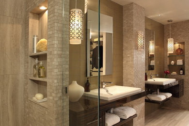 Contemporary bathroom in Atlanta with open cabinets, dark wood cabinets, beige walls and a niche.