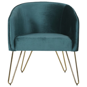 Paul Modern Glam Velvet Club Chair with Hairpin Legs, Teal + Gold