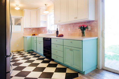 Design ideas for a small eclectic galley eat-in kitchen with a farmhouse sink, shaker cabinets, turquoise cabinets, laminate benchtops, pink splashback, ceramic splashback, stainless steel appliances, linoleum floors, no island, multi-coloured floor and white benchtop.