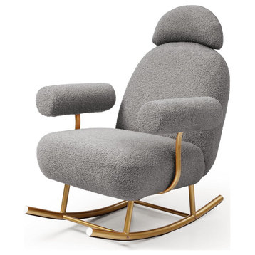 Modern Rocking Chair, Gold Metal Frame With Sherpa Seat & Cylindrical Arms, Gray