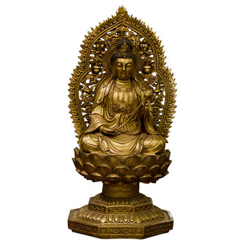 Bronze Guanyin Asian Statue with Lotus