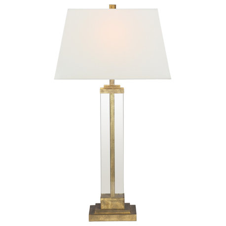 Wright Table Lamp in Gilded Iron and Glass with Linen Shade