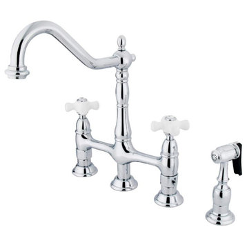 Traditional Kitchen Faucet, Dual White Levers & Side Sprayer, Polished Chrome