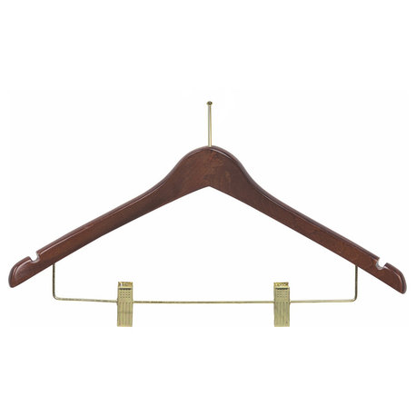 Wooden Anti-Theft Security Curved Combo Hanger, Walnut/Brass Finish, Box of 50