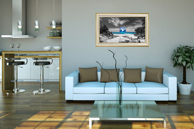 Superbe tableau-vidéo bleu, noir et blanc dans ce séjour moderne