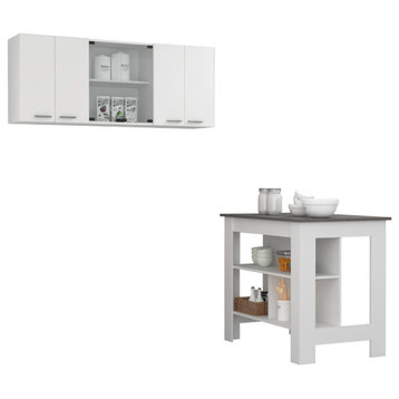 Norfolk 2-Piece Kitchen Set, Kitchen Island & Upper Wall Cabinet, White/Onyx