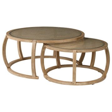 Hubbard Glass Top w/Woven Cane & Solid Wood Base Nesting Coffee Tables