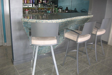 Example of a mid-sized minimalist galley seated home bar design in San Francisco with an undermount sink, blue backsplash and mosaic tile backsplash