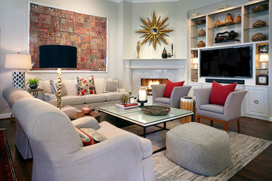 Mid-sized transitional open concept dark wood floor family room photo in Dallas with beige walls, a corner fireplace, a tile fireplace and a media wall