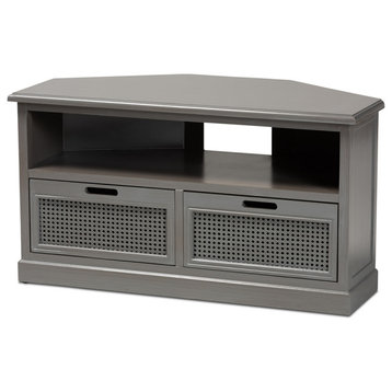 Modern Contemporary Grey Finished Wood/Synthetic Rattan 2-Drawer Corner TV Stand