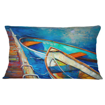 Boats And Pier in Blue Shade Seascape Throw Pillow, 12"x20"