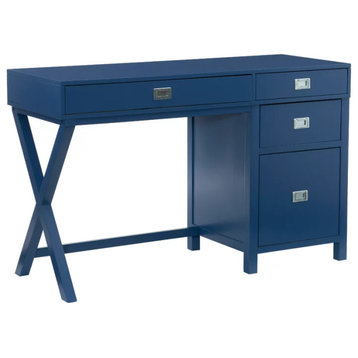 Contemporary Desk, X-Leg & 4 Spacious Drawers With Metal Pull Handles, Navy