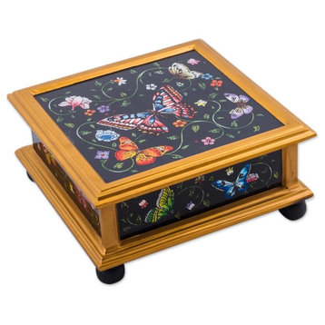 Winter Butterflies in Black Reverse Painted Glass Decorative Box, Peru