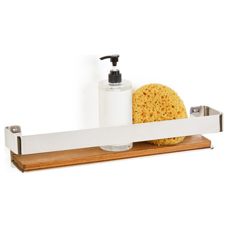 Rectangular Floating Shower Shelf With Rail and Natural Teak Wood, Polished