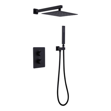 Thermostatic Rain Shower System with Hand Shower and Rough-in Valve, Matte Black