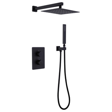 Thermostatic Rain Shower System with Hand Shower and Rough-in Valve, Matte Black