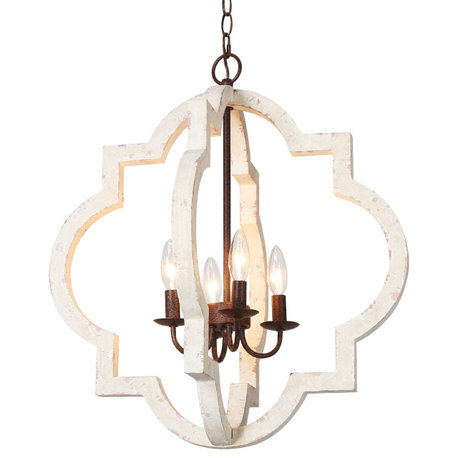LNC Wood Farmhouse Rustic Lantern Chandeliers, Weathered White, 4 Lights