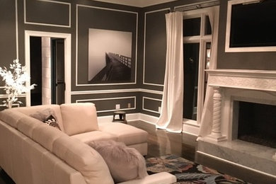 Living room - large transitional enclosed medium tone wood floor living room idea in Other with gray walls