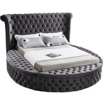 Meridian Furniture - Luxus Button Tufted Velvet Round Bed, Gray, Queen - Marvel at the remarkable beauty and graceful lines of this round Luxus grey velvet queen size bed. The headboard, footboard and side rails are all adorned with deep button tufting, and there is nailhead trim on both sides of the tall headboard. The footboard and side rails all contain ample storage and seating, making it easy to sit down in comfort so you can put on your pants or shoes.