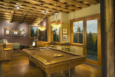 Mountain style concrete floor family room photo in Sacramento