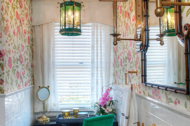 Example of a small classic 3/4 white tile and subway tile marble floor and black floor corner shower design in Philadelphia with open cabinets, black cabinets, a one-piece toilet, multicolored walls, a vessel sink, marble countertops, a hinged shower door and black countertops