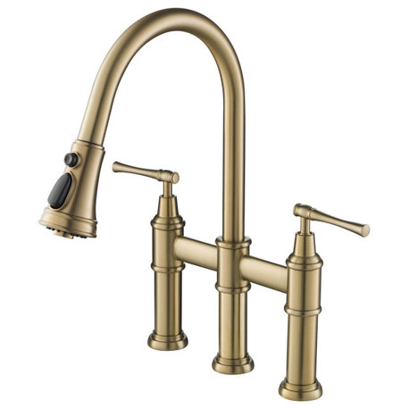 Allyn Traditional 3-Function Bridge Pull-Down Kitchen Faucet Brushed Gold