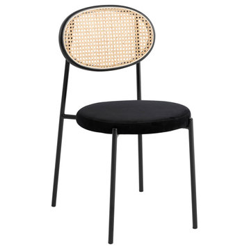 LeisureMod Euston Modern Dining Chair with Wicker Back & Velvet Seat, Black