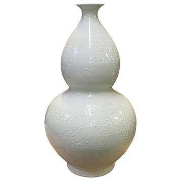 Chinese Off White Porcelain Relief Floral Pattern Gourd Shape Vase Hws2732