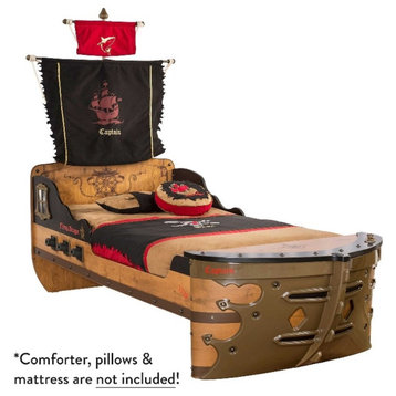 Cilek Kids Room Pirate Rustic Hard-Wood Twin Ship Bed in Dark Brown